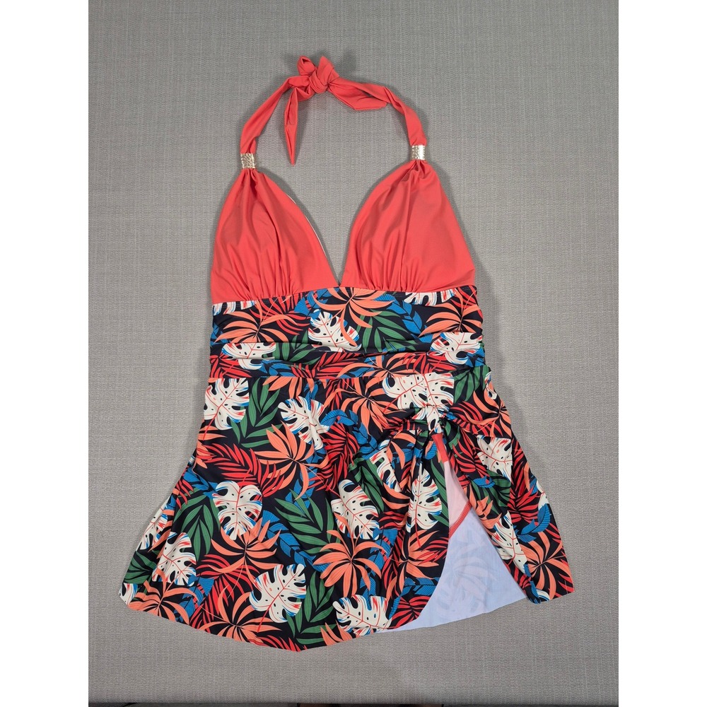 SUUKSESS Women One Piece Swim Dress Tummy Control Tropical Floral Coral XXL